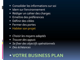    Consolider les informations sur soi
   Idem sur l’environnement
   Rédiger un cahier des charges
   Emettre des préférences
   Définir des cibles
   Fermer des portes
   Habiter son projet

   Choisir les moyens adaptés
   Trouver des appuis
   Se fixer des objectifs opérationnels
   Des échéances

 VOTRE BUSINESS PLAN
 