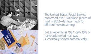 The United States Postal Service
processed over 150 billion pieces of
mail in 2013—far too much for
efficient human sorting.
But as recently as 1997, only 10% of
hand-addressed mail was
successfully sorted automatically.
 