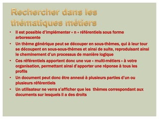 • Il est possible d’implémenter « n » référentiels sous forme
  arborescente
• Un thème générique peut se découper en sous-thèmes, qui à leur tour
  se découpent en sous-sous-thèmes et ainsi de suite, reproduisant ainsi
  le cheminement d’un processus de manière logique
• Ces référentiels apportent donc une vue « multi-métiers » à votre
  organisation, permettant ainsi d’apporter une réponse à tous les
  profils
• Un document peut donc être annexé à plusieurs parties d’un ou
  plusieurs référentiels
• Un utilisateur ne verra s’afficher que les thèmes correspondant aux
  documents sur lesquels il a des droits
 