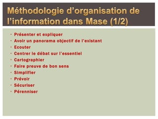 •   Présenter et expliquer
•   Avoir un panorama objectif de l’existant
•   Ecouter
•   Centrer le débat sur l’essentiel
•   Cartographier
•   Faire preuve de bon sens
•   Simplifier
•   Prévoir
•   Sécuriser
•   Pérenniser
 