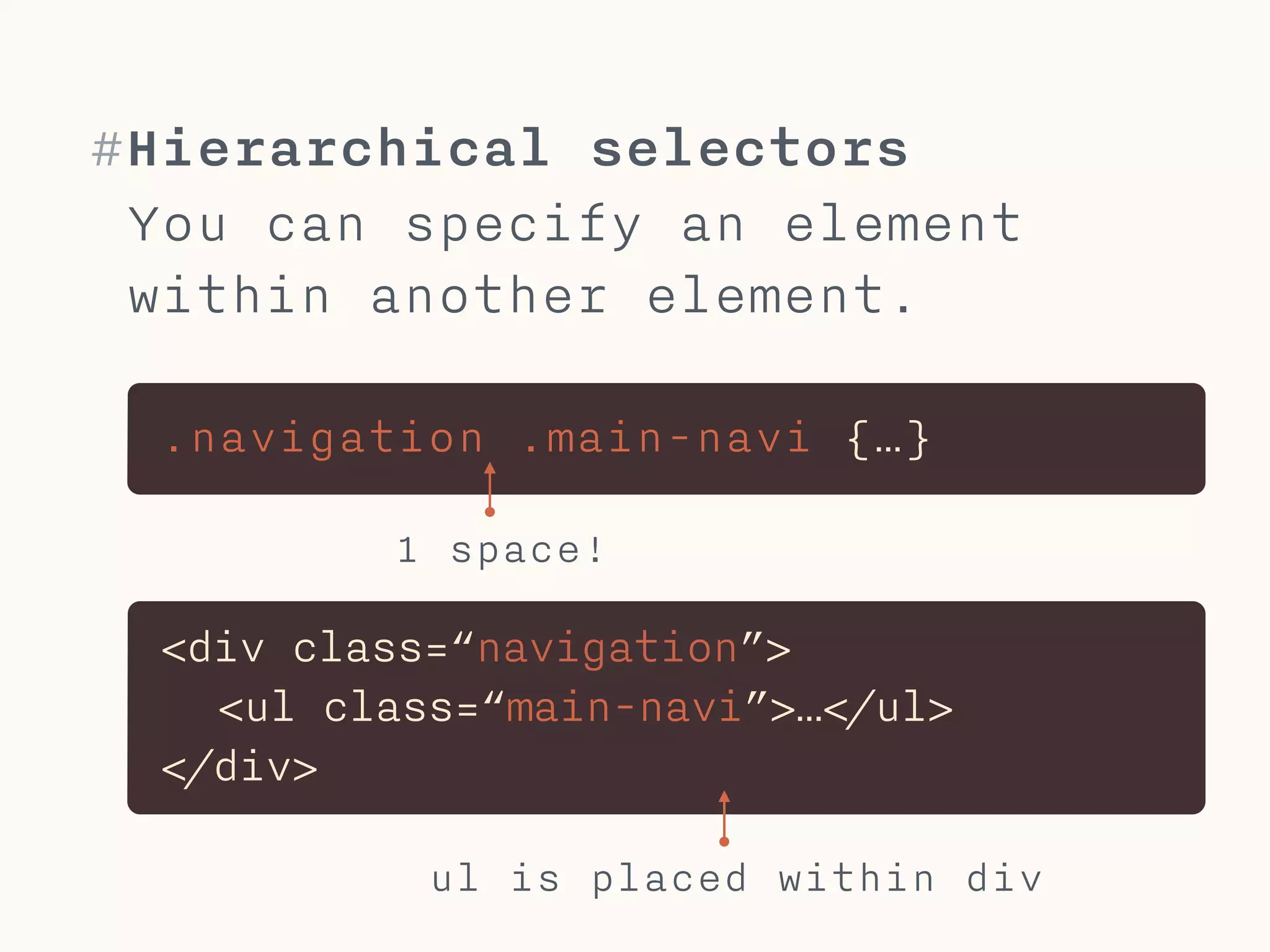 #Multi-element selectors
You can specify a selector with
multiple selector-elements.
.navigation.main-navi {…}
<ul class=“navigation main-navi”>…</ul>
no space!
space, but not . (dot)
 
