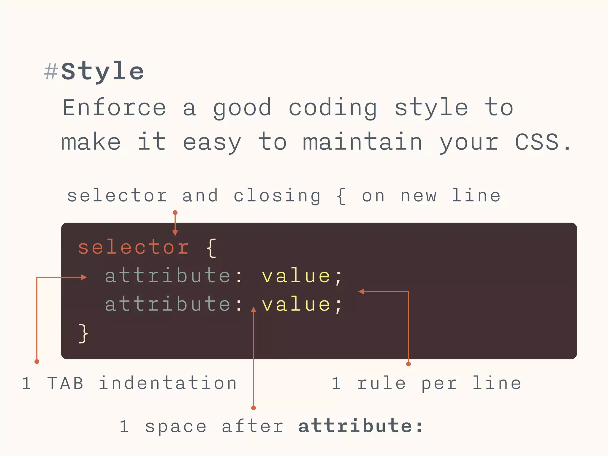 #CSS Rules
CSS is a very simple language with only one
level of hierarchy*: Rules belong to selectors.
SELECTOR
→ Rule 
You can group multiple rules to a selector, but
if you assign an attribute like color, twice,
only the last rule will be used. 
 
Keep selectors as short and low in specificity
as possible.
* some exceptions like media queries or keyframe animations
 