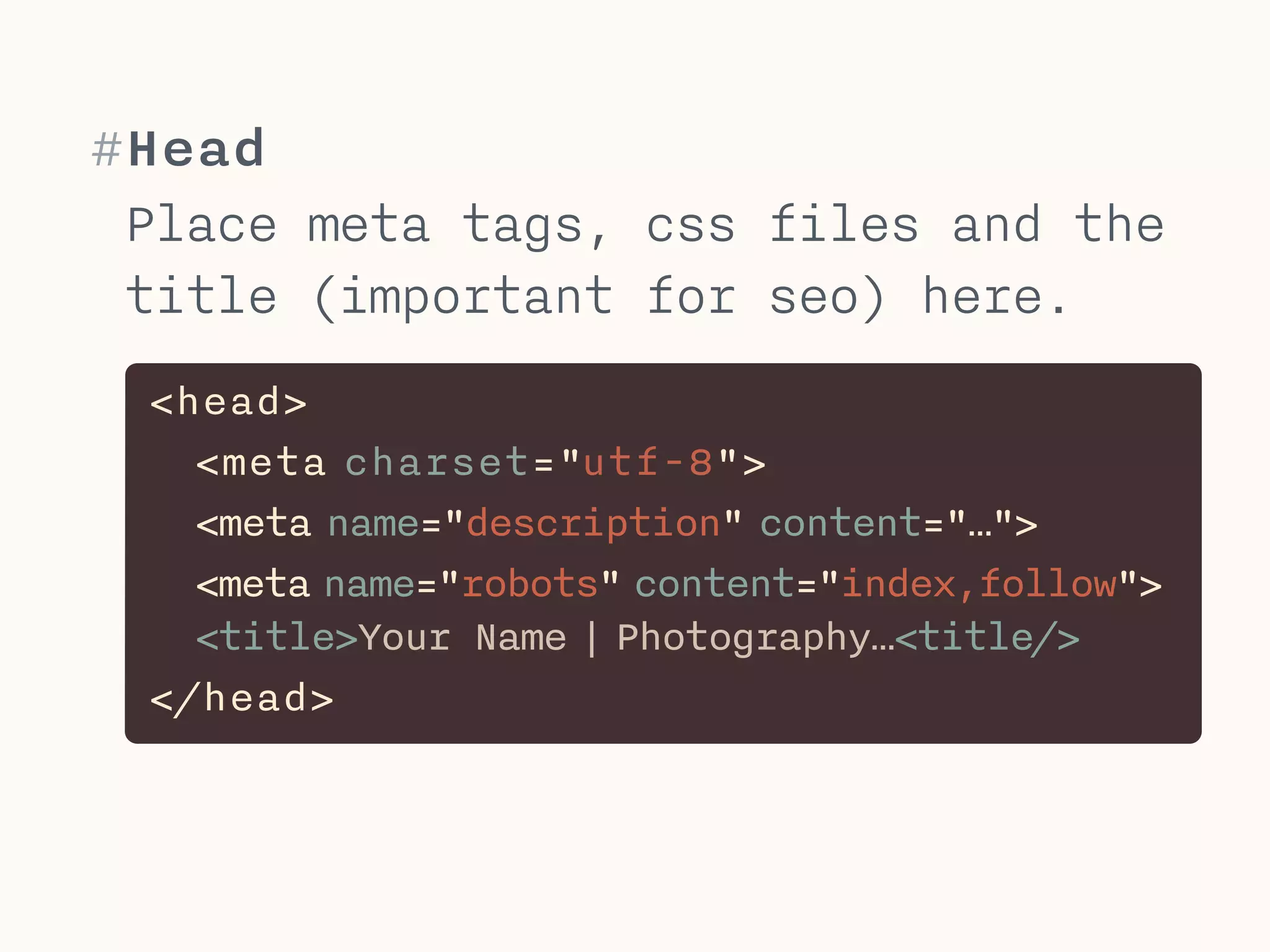 #HTML - documents
An html document always has the file extension .html
and should be saved as an UTF-8 document. Whitespace
between tags is mostly ignored.
!
<!DOCTYPE html> defines the document as an html 5
document. MUST be the first element and on line 1.
!
<html> wraps everything after doctype, has no real usage.
!
<head> holds meta tags, css files and the title tag.
!
<body> holds all the content that will be displayed in
the browser.
 