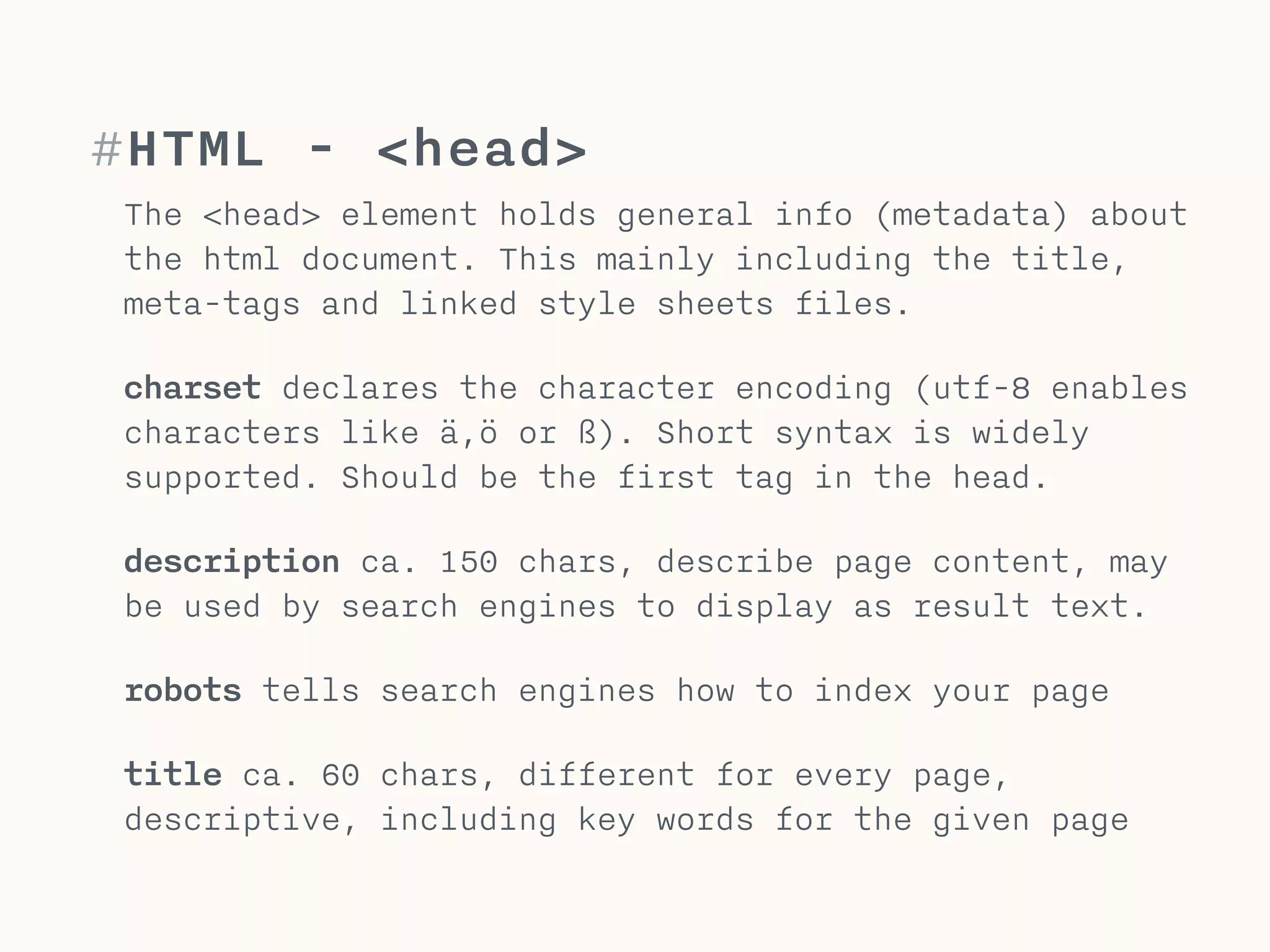 #Head
<head>
<meta charset="utf-8">
<meta name="description" content="…">
<meta name="robots" content="index,follow"> 
<title>Your Name | Photography…<title/>
</head>
Place meta tags, css files and the
title (important for seo) here.
 