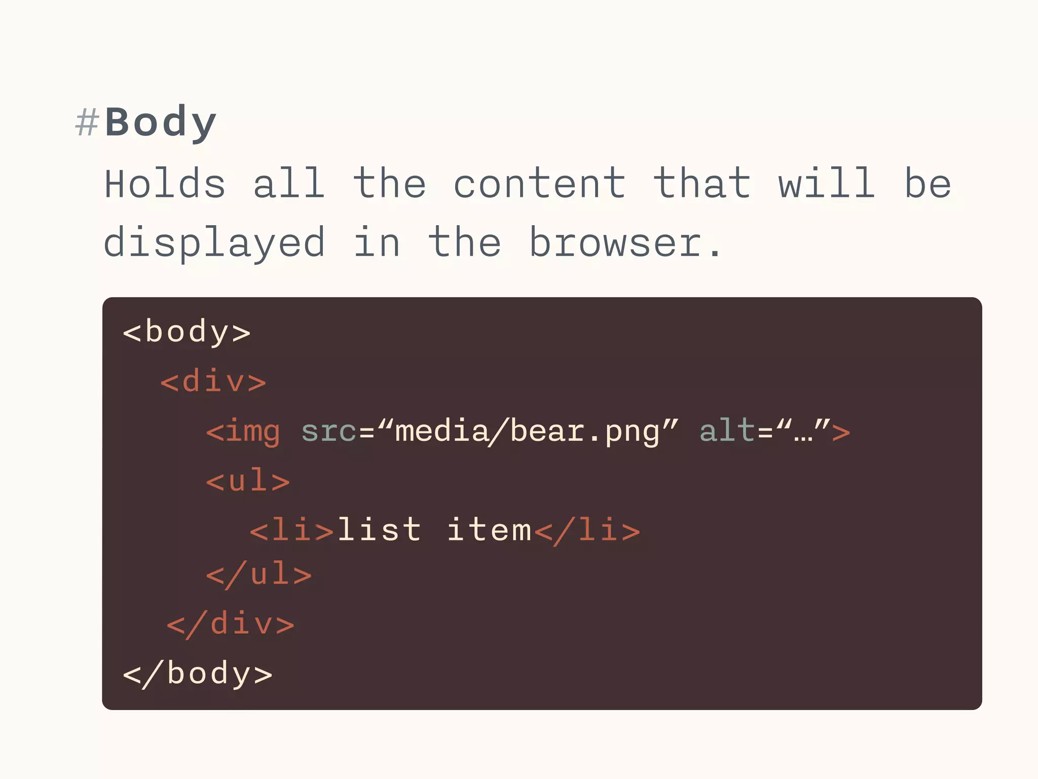 #HTML - <head>
The <head> element holds general info (metadata) about
the html document. This mainly including the title,
meta-tags and linked style sheets files.
!
charset declares the character encoding (utf-8 enables
characters like ä,ö or ß). Short syntax is widely
supported. Should be the first tag in the head.
!
description ca. 150 chars, describe page content, may
be used by search engines to display as result text.
!
robots tells search engines how to index your page
!
title ca. 60 chars, different for every page,
descriptive, including key words for the given page
 