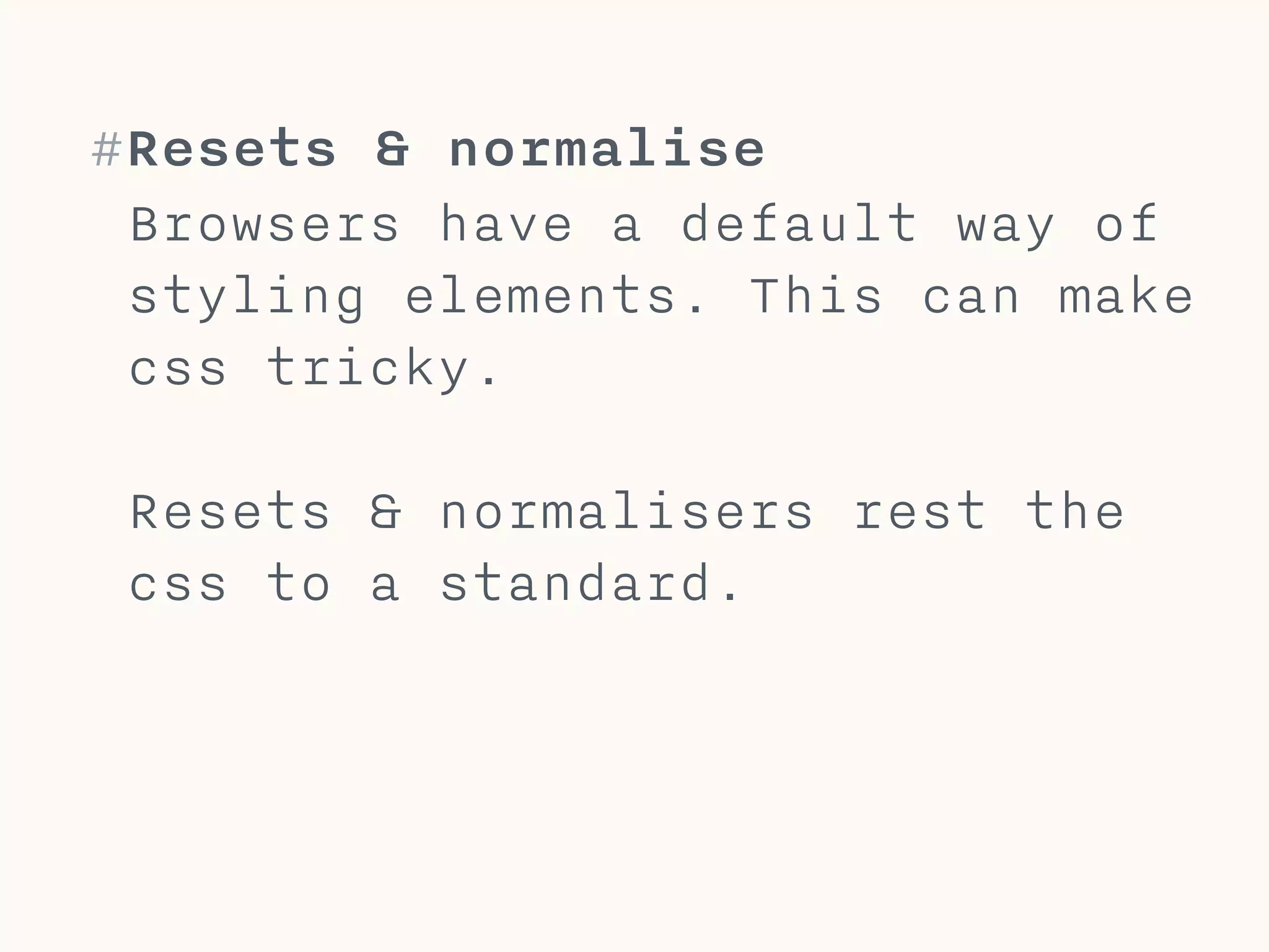 #Hacking rem 
Make rem easier by setting font-size 
to 62.5%. Now 1rem equals 10 px. 
html { 
font-size: 62.5%; 
} 
.selector { 
font-size: 1rem; /* 1rem = 10px*/ 
} 
 