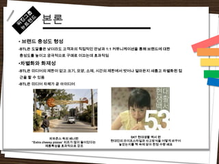 본론
• 브랜드 충성도 형성
-BTL은 도달률은 낮더라도 고객과의 직접적인 만남과 1:1 커뮤니케이션을 통해 브랜드에 대한
충성도를 높이고 궁극적으로 구매로 이끄는데 효과적임

•차별화와 화제성
-BTL은 미디어의 제한이 없고 크기, 모양, 소재, 시간의 제한에서 벗어나 얼마든지 새롭고 차별화된 접
근을 할 수 있음
-BTL은 미디어 자체가 곧 아이디어




               파파존스 옥외 배너편                      SKT 현대생활 백서 편
    “Extra cheesy pizzas‟ 치즈가 많이 들어있다는   현대인의 라이프스타일과 사고방식을 어떻게 바꾸어
             제품특성을 효과적으로 강조                 놓았는지를 책 속에 담아 한정 수량 배포
 