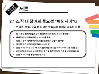 서론

2.1 조직 내 참여의 중요성 “해외사례”
     아마존, 애플, 구글 등 다양한 방법으로 브레인 스토밍 진행

 •   한 사람도 빠지지 않고 모든 참여자가 아이디어 제시에 참여함
 •   즉흥적이고 자유분방한 아이디어를 유도
 •   다른 사람이 제시한 아이디어를 응용해서 덧붙여 생각함
 •   중요한 것은 아이디어의 질이 아니라 양
 •   모든 아이디어가 다 기록 되기 전까지는 제시된 아이디어에 대한 비평 금지
 •   비언어적(표정이나 바디랭귀지) 표현을 통한 부정적 반응을 보이지 않는다
 •   모든 아이디어를 플립 차트에 기입
 