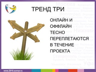 ТРЕНД ТРИ
     ОНЛАЙН И
     ОФФЛАЙН
     ТЕСНО
     ПЕРЕПЛЕТАЮТСЯ
     В ТЕЧЕНИЕ
     ПРОЕКТА
 