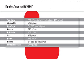 Прайс-Лист на БУКИНГ
Три Кота 300 р/час (алкоголь/табак - 400 р/час)
Фреш 25 450 р/час
Самбери От 200 до 450 р/час
Сотка 375 р/час
В-Лазер 450 р/час
5+ 375 р/час
Реми 175 р/час
Парус От 350 до 500 р/час
Михайловский 300 р/час
 