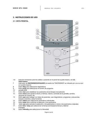 S E R I E B T L - 5 0 0 0 M A N U A L D E L U S U A R I O B T L
	
  
Página 6 de 62
14	
  
15	
  
12	
  
13	
  
9	
  
11	
  
8	
  
7	
  
10	
  
17	
  
18	
  
16	
  
2. INSTRUCCIONES DE USO
2.1. VISTA FRONTAL
1-6 línea de conexiones para los cables a paciente en el panel de la parte trasera, ver 2.2.
Vista trasera
7 Interruptor de ENCENDIDO/APAGADO (el estado de "ENCENDIDO" es indicado por una luz azul
en la parte trasera)
8 botón diag para seleccionar diagnósticos
9 botón prog para seleccionar el número de programa
10 pantalla táctil
11 botón man para establecer los parámetros de la terapia manualmente
12 botón menú para ajustar la fecha, el tiempo, idioma, contraste de la pantalla, sonidos,
opciones de usuario, etc.
13 botón user para trabajar con listas de pacientes, usar diagnósticos, programas y secuencias,
terapias recientes y otras funciones.
14 botón select para seleccionar parámetros individuales
15 botón enter para confirmar la selección o los parámetros
16 botón esc para cancelar la selección o los parámetros y volver a los parámetros originales
17 botón time / stop para seleccionar el tiempo de terapia/comenzar y detener
la terapia
18 botón intensity para seleccionar la intensidad
 