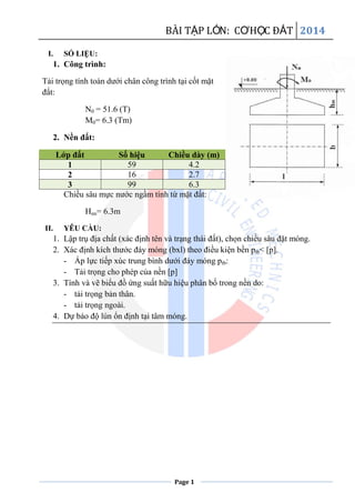 BÀI TẬP LỚN: CƠHỌC ĐẤT 2014
Page 1
I. SỐ LIỆU:
1. Công trình:
Tải trọng tính toán dưới chân công trình tại cốt mặt
đất:
N0 = 51.6 (T)
M0= 6.3 (Tm)
2. Nền đất:
Chiều sâu mực nước ngầm tính từ mặt đất:
Hnn= 6.3m
II. YÊU CẦU:
1. Lập trụ địa chất (xác định tên và trạng thái đất), chọn chiều sâu đặt móng.
2. Xác định kích thước đáy móng (bxl) theo điều kiện bền ptb< [p].
- Áp lực tiếp xúc trung bình dưới đáy móng ptb:
- Tải trọng cho phép của nền [p]
3. Tính và vẽ biểu đồ ứng suất hữu hiệu phân bố trong nền do:
- tải trọng bản thân.
- tải trọng ngoài.
4. Dự báo độ lún ổn định tại tâm móng.
Lớp đất Số hiệu Chiều dày (m)
1 59 4.2
2 16 2.7
3 99 6.3
 