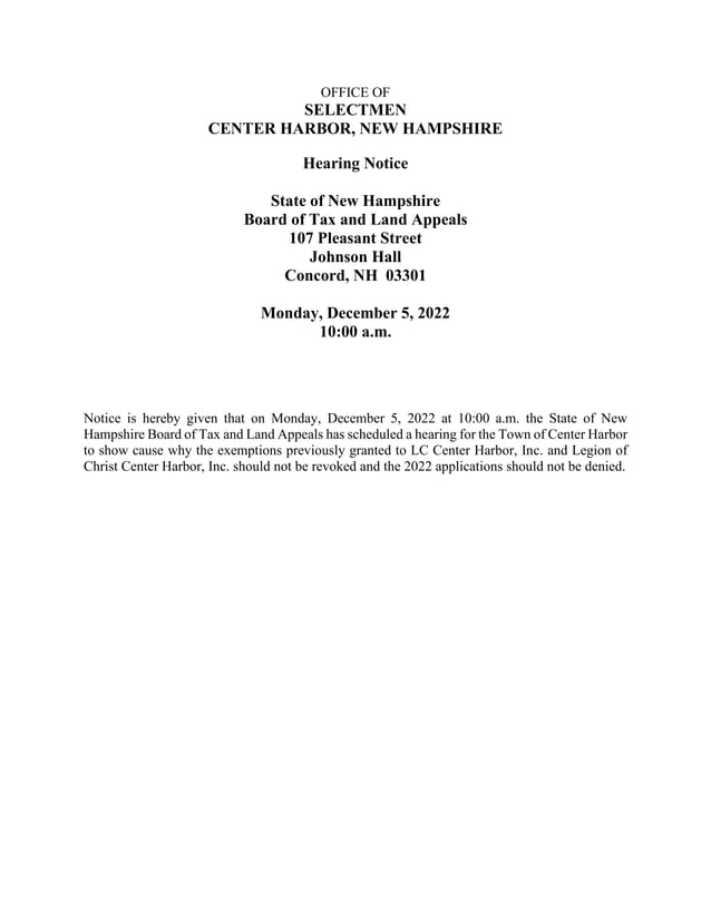 NH Board of Land and Tax Appeals Schedules Major Hearing on Legionaries