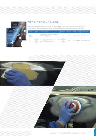 11Abrasives for Automotive Repair  Refinish
Wet  Dry Sandpaper
Fast cutting silicon carbide wet  dry sandpaper for a professional surface finish on
metal, paint, filler and primer. Use wet to reduce clogging for smoother sanding.
DIM Grit Application PK QTY Box QTY Article No. Barcode
230 x
280mm
80
For removing flaking paint  rust
and levelling filler
5 10 66623388866 3157629511299
80
Assorted pack – for removing paint
 rust and sanding filler
5
10 66623388876 3157629511398120 5
180 5
 