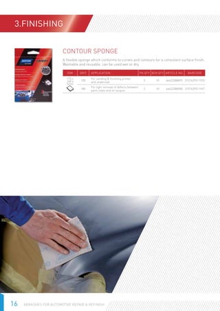 16 Abrasives for Automotive Repair  Refinish
Contour Sponge
A flexible sponge which conforms to curves and contours for a consistent surface finish.
Washable and reusable, can be used wet or dry.
DIM Grit Application PK QTY Box QTY Article No. Barcode
115 x
140 x
5mm
100
For sanding  finishing primer
and undercoat
2 10 66623388895 3157629511923
180
For light removal of defects between
paint coats and on lacquer
2 10 66623388900 3157629511947
3.FINISHING
 