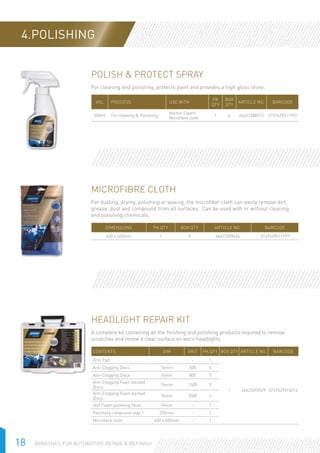 18 Abrasives for Automotive Repair  Refinish
4.POLISHING
Microfibre Cloth
For dusting, drying, polishing or waxing, the microfiber cloth can easily remove dirt,
grease, dust and compound from all surfaces. Can be used with or without cleaning
and polishing chemicals.
DIMensions PK QTY Box QTY Article No. Barcode
400 x 400mm 1 5 66623389434 3157629512197
Headlight Repair Kit
A complete kit containing all the finishing and polishing products required to remove
scratches and renew a clear surface on worn headlights.
Contents DIM Grit PK QTY Box QTY Article No. Barcode
Drill Pad - - 1
1 66623392529 3157629514016
Anti-Clogging Discs 76mm 500 5
Anti-Clogging Discs 76mm 800 5
Anti-Clogging Foam backed
Discs
76mm 1500 3
Anti-Clogging Foam backed
Discs
76mm 3000 3
Soft Foam polishing head 76mm - 1
Polishing compound step 1 250mm - 1
Microfibre cloth 400 x 400mm - 1
Polish  Protect SPRAY
For cleaning and polishing, protects paint and provides a high gloss shine.
vol Process Use with
PK
QTY
Box
QTY
Article No. Barcode
250ml For cleaning  Polishing
Norton Expert
Microfibre cloth
1 6 66623388913 3157629511992
 
