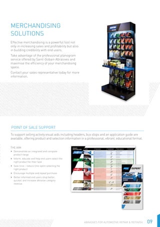 09Abrasives for Automotive Repair  Refinish
Merchandising
solutions
Effective merchandising is a powerful tool not
only in increasing sales and profitability but also
in building credibility with end users.
Take advantage of the professional planogram
service offered by Saint-Gobain Abrasives and
maximise the efficiency of your merchandising
space.
Contact your sales representative today for more
information.
To support selling activity visual aids including headers, bus stops and an application guide are
available, offering product and selection information in a professional, vibrant, educational format.
Point of Sale Support
The aim:
•	 Demonstrate an integrated and complete
product range
•	 Inform, educate and help end users select the
right product for their task
•	 Save time – reduce time spent selecting the
right product
•	 Encourage multiple and repeat purchase
•	 Better informed end users shop better,
quicker, and increase abrasive category
revenue.
ApplicAtionStAGe HAnd/MAcHine WHicH pRoduct? WHicH GRit?
pRoduct
Selection Guide
Removing old paint and rust
Rapid Stripping Wheel Extra Coarse
Stripping Discs 40 Extra Coarse
Moderate removal of paint
 rust  sanding filler
Stripping Discs 60 Coarse
Wet  Dry Sandpaper 80 Extra Coarse
Shaping  preparation of filler
(after paint  rust removal)
Stripping Discs 80 Medium
Smoothing filler Stripping Discs 120 Fine
1
1pRepARAtion
Light removal of rust  shaping filler Cleaning  Finishing Pads Extra Fine
Finishing  blending primer  undercoat Anti-Clogging Discs 600 / 800 Extra Fine
Sanding  finishing primer  undercoat Contour Sponge Fine
Finishing  blending primer  undercoat Wet  Dry Sandpaper 600 / 800 Extra Fine
Finishing primer  undercoat Cleaning  Finishing Pads Extra Fine
Defect removal between
paint coats  on lacquer
Anti-Clogging Discs 1000 Super Fine
Anti-Clogging Foam-backed Discs 1000 Extra Fine
Wet  Dry Sandpaper 1200 Super Fine
Contour Sponge Super Fine
Foam-backed Sheets 1500 Extra Fine
Surface preparation prior to polishing Foam-backed Sheets 3000 Super Fine
3
3FiniSHinG
Masking small, intricate areas,
curves  contours
Fine Line Masking Tape NA
General masking Masking Tape NA
55AcceSSoRieS
Smoothing filler Anti-Clogging Disc 320 Medium
Sanding  shaping filler Wet  Dry Sandpaper 120 / 180 Coarse
Smoothing filler
Wet  Dry Sandpaper 240 / 320 Medium
Anti-Clogging Foam-backed Pads 320 Medium
Sanding primer  undercoat Anti-Clogging Discs 400 Fine
Fine sanding of primer  undercoat Anti-Clogging Discs 500 Fine
Sanding between coats Wet  Dry Sandpaper 400 Fine
Fine sanding Anti-Clogging Foam-backed Pads 500 Fine
2
2SAndinG
Removing scratches
Polishing Compound Step 1  Hard
Foam Polishing Head
Step 1  Hard Foam
Removing fine scratching, restoring gloss
Polishing Compound Step 2  Soft
Foam Polishing Head
Step 2  Soft Foam
Cleaning, protection, polishing Polish  Protect  Microfiber Cloth NA
Dusting, drying, polishing, waxing Microfiber Cloth NA
Repairing Headlights Headlight Repair Kit NA
4
4poliSHinG or
Norton Obi Application Guide_V2_ENG.indd 2-4 21/11/2013 12:02
ApplicAtion
Guide
1 FoR MetAl pRepARAtion
Remove rust and flaking paint and
prepare the metal or primed surface
for the next sanding stages.
2 FoR SAndinG
Remove scratches, level, shape
and smooth filler. Sanding
primer and undercoat.
3 FoR FiniSHinG
Finish and blend primer, remove defects
between paint coats and on lacquer.
prepare the surface prior to polishing.
4 FoR poliSHinG
Remove fine scratches, restore
surface to a shiny gloss finish.
clean and protect the surface.
5 AcceSSoRieS
Masking small, intricate areas,
curves and contours.
Norton Obi Application Guide_V2_ENG.indd 1 21/11/2013 12:01
 
