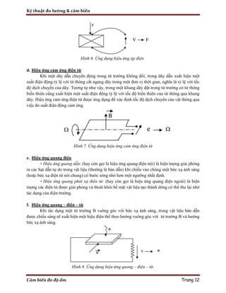 Kỹ thuật đo lường & cảm biến
Cảm biến đo độ ẩm Trang 12
Hình 6. Ứng dụng hiệu ứng áp điện
d. Hiệu ứng cảm ứng điện từ
Khi một dây dẫn chuyển động trong từ trường không đổi, trong dây dẫn xuất hiện một
suất điện động tỷ lệ với từ thông cắt ngang dây trong một đơn vị thời gian, nghĩa là tỷ lệ với tốc
độ dịch chuyển của dây. Tương tự như vậy, trong một khung dây đặt trong từ trường có từ thông
biến thiên cũng xuất hiện một suất điện động tỷ lệ với tốc độ biến thiên của từ thông qua khung
dây. Hiệu ứng cảm ứng điện từ được ứng dụng để xác định tốc độ dịch chuyển của vật thông qua
việc đo suất điện động cảm ứng.
Hình 7. Ứng dụng hiệu ứng cảm ứng điện từ
e. Hiệu ứng quang điện
+ Hiệu ứng quang dẫn: (hay còn gọi là hiệu ứng quang điện nội) là hiện tượng giải phóng
ra các hạt dẫn tự do trong vật liệu (thường là bán dẫn) khi chiếu vào chúng một bức xạ ánh sáng
(hoặc bức xạ điện từ nói chung) có bước sóng nhỏ hơn một ngưỡng nhất định.
+ Hiệu ứng quang phát xạ điện tử: (hay còn gọi là hiệu ứng quang điện ngoài) là hiện
tượng các điện tử được giải phóng và thoát khỏi bề mặt vật liệu tạo thành dòng có thể thu lại nhờ
tác dụng của điện trường.
f. Hiệu ứng quang – điện – từ
Khi tác dụng một từ trường B vuông góc với bức xạ ánh sáng, trong vật liệu bán dẫn
được chiếu sáng sẽ xuất hiện một hiệu điện thế theo hướng vuông góc với từ trường B và hướng
bức xạ ánh sáng.
Hình 8. Ứng dụng hiệu ứng quang – điện – từ.
 