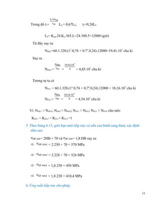 Trong đó t1=

.Lh = 0,67Lh;

t2=0,24Lh

Lh= Kng.24.Kn.365.L=24.300.5=12000 (giờ)
Từ đây suy ra:
NHE1=60.1.320.(13.0,76 + 0.73.0,24).12000=19,41.107 chu kì
Suy ra
NHE2 =

=

= 4,85.107 chu kì

Tương tự ta có
NFE1 = 60.1.320.(16.0,76 + 0,76.0,24).12000 = 18,16.107 chu kì
NFE2 =

=

= 4,54.107 chu kì

Vì: NHE1 > NHO1; NHE2 > NHO2; NFE1 > NF01; NFE2 > NFO2 cho nên:
KHL1 = KHL2 = KFL1= KFL2 =1
5. Theo bảng 6.13, giới hạn mỏi tiếp xúc và uốn của bánh rang được xác định
như sau:
= 2HB + 70 và

= 1,8.HB suy ra:



= 2.250 + 70 = 570 MPa



= 2.228 + 70 = 526 MPa



= 1,8.250 = 450 MPa



= 1,8.228 = 410,4 MPa

6. Ứng suất tiếp xúc cho phép:
11

 