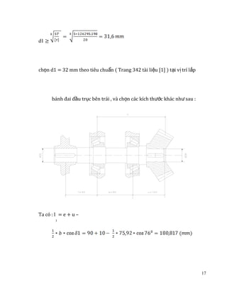 d1 ≥

chọn d1 = 32 mm theo tiêu chuẩn ( Trang 342 tài liệu [1] ) tại v ị trí l ắp

bánh đai đầu trục bên trái , và chọn các kích thước khác như sau :

Ta có : l = e + u –
1

17

 