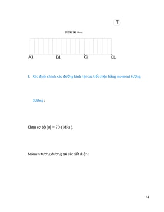 T
1
26295.1 N m
98 m

A1

B1

C
1

D
1

f. Xác định chính xác đường kính tại các tiết diện bằng moment tương
đương :
Chọn sơ bộ [σ] = 70 ( MPa ).
Momen tương đương tại các tiết diện :

24

 