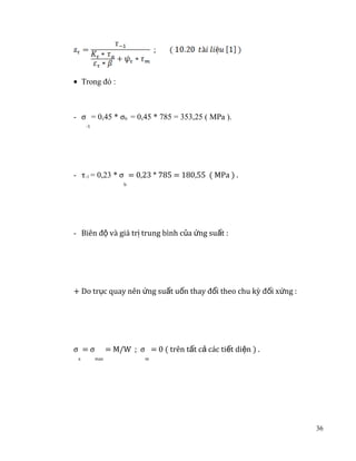 • Trong đó :
- σ = 0,45 * σb = 0,45 * 785 = 353,25 ( MPa ).
-1

- τ-1 = 0,23 * σ = 0,23 * 785 = 180,55 ( MPa ) .
b

- Biên độ và giá trị trung bình của ứng suất :
+ Do trục quay nên ứng suất uốn thay đổi theo chu kỳ đối xứng :
σ =σ
a

max

= M/W ; σ = 0 ( trên tất cả các tiết diện ) .
m

36

 
