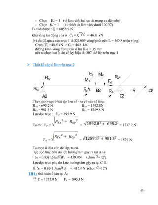 - Chọn Kd = 1 (vì làm việc hai ca tải trọng va đập nhẹ)
- Chọn Kt = 1 (vì nhiệt độ làm việc dưới 100 0C)
Ta tính được : Q = 6058.9 N
Khả năng tải động của ổ Cd = Q
= 46.8 kN
(vì tốc độ quay của trục 1 là 320.009 vòng/phút nên L = 460.8 triệu vòng)
Chọn [C] =48.5 kN > Cd = 46.8 kN
đường kính vòng trong của ổ lăn là d = 35 mm
nên ta chọn hai ổ lăn có ký hiệu là: 307 để lắp trên trục 1
 Thiết kế cặp ổ lăn trên trục 2:

F
r2

R
Ay

M
a2

M2
t

R
Ax

F2
t

F
a2
B2

A2

Rx
C

Ry
C
F
r

D
2

C
2

Theo tính toán ở bài tập lớn số 4 ta có các số liệu:
RAy = 695.2 N
RAx = 1592.8N
RCy = 981.5 N
RCx = 1259.8 N
Lực dọc trục : Fa2 = 895.9 N
Ta có: FrA =

=

FrC =

=

= 1737.9 N

= 1579 N

Ta chọn ổ đũa côn để lắp, ta có
lực dọc trục phụ do lực hướng tâm gây ra tại A là:
SA = 0.83(1.5tan )Fr = 459.9 N (chọn =120)
Lực dọc trục phụ do Lực hướng tâm gây ra tại C là:
là SC = 0.83(1.5tan )Fr = 417.9 N (chọn =120)
TH1 : tính toán ổ lăn tại A:
Fr = 1737.9 N

Fa = 895.9 N
45

 