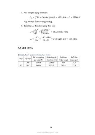 34
7. Khả năng tải động tính toán:
= √ = 3036,4 146,9 = 1271,9 < = 25700
Vậy đã chọn ổ lăn cỡ nhẹ phù hợp.
8. Tuổi thọ xác đinh theo công thức sau:
= =
25700
3036,4
= 383,8 ệ ò
=
10
60
=
10 . 383,8
60.170
= 37,6 à ờ = 15,6 ă
5.3 KẾT LUẬN
Bảng 5.1 Kết quả tính toán chọn ổ lăn:
Trục Ký hiệu
Tải trọng động
quy ước (N)
Khả năng tải
tính toán (N)
Tuổi thọ
(triệu vòng)
Tuổi thọ
(ngàn giờ)
I 208 2694,8 20836 919 28,6
II 209 3036,4 1271,9 383,8 37,6
minhchienbku@gmail.com
 
