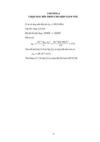 35
CHƯƠNG 6
CHỌN DẦU BÔI TRƠN CHO HỘP GIẢM TỐC.
Vì ta có ứng suất tiếp xúc = 381,5
Vận tốc vòng: 2,2 /
Độ rắn bề mặt răng : 250 = 260
Nên ta có:
=
10 . .
=
10 260. 381,5
2,2
= 172
Theo đồ thị hình 13.9 tài liệu [1], ta chọn dầu bôi trơn có
= 60. 10 /
Theo bảng 13.1 tài liệu [1], ta chọn dầu bôi trơn 68
 