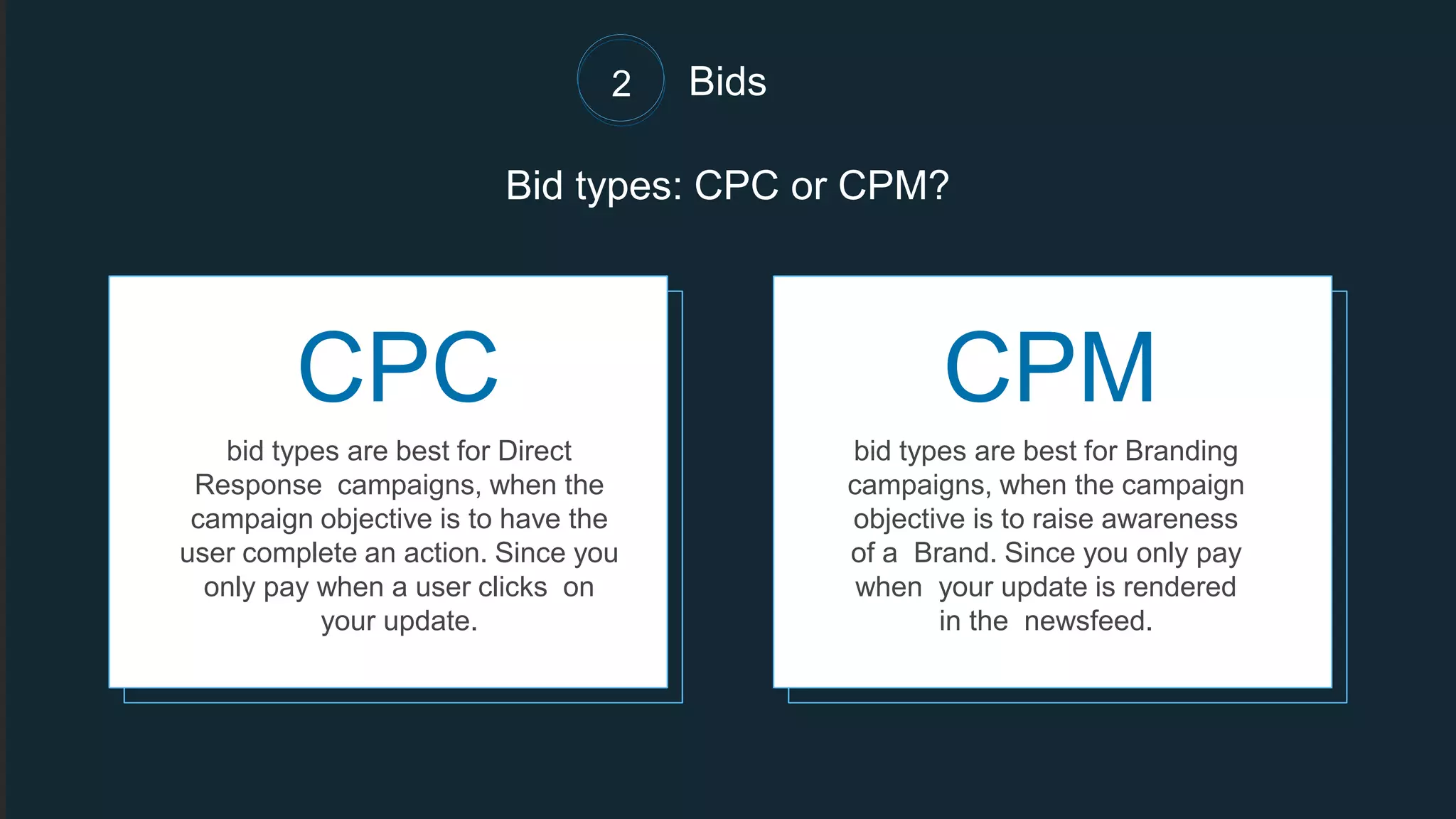 Bid types: CPC or CPM?
bid types are best for Direct
Response campaigns, when the
campaign objective is to have the
user complete an action. Since you
only pay when a user clicks on
your update.
bid types are best for Branding
campaigns, when the campaign
objective is to raise awareness
of a Brand. Since you only pay
when your update is rendered
in the newsfeed.
CPC CPM
Bids2
 
