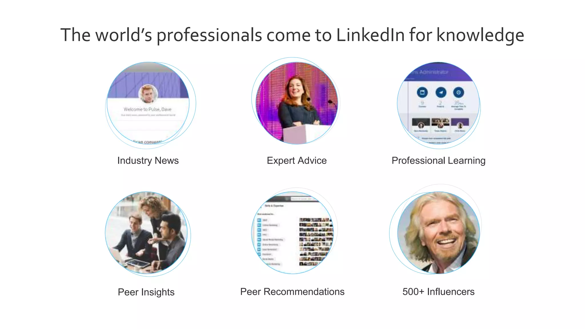 The world’s professionals come to LinkedIn for knowledge
Industry News Expert Advice Professional Learning
Peer Insights Peer Recommendations 500+ Influencers
 