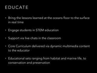 E D U C AT E
• Bring the lessons learned at the oceans floor to the surface
in real time
• Engage students in STEM education
• Support via live chats in the classroom
• Core Curriculum extension delivered via dynamic
multimedia content for the educator
• Educational sets ranging from habitat and marine life, to
conservation and preservation
 