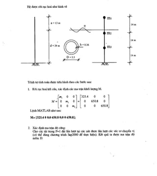 Vi DU TiNH TOAN BAI TAP LON
                   MON: BONG LUC HOC NGAU NHIEN


He duct rot rat hod nhtr hinh ve



                   a = 13 m                                                     14 m


                                                                              /
                                                                                14 m

                  d = 29 m
                                                                              /

                                                                                14m




Trinh to tinh town duct tiEn hanh theo cat bok sau:
1. Roi rat hod ket cgu, xac dinh cdc ma tr4n kh6i luting M.

                           in      0    0    325.4   0     0
                   M
                       =
                               0   M2   0   = 0    650.8   0
                           [
                               0   0    3      0     0   650.8
  Lenh MATLAB nhu sau:
  M= [325.4 0 0;0 650.8 0;0 0 650.8];


2. Mc dinh ma tan de ming:
   Cho cac (Ai tong P=1 dat lan loot tai cac nut duqc lan loot cac vec to chuyen vi
   (c6 the dung chuang trinh Sap2000 de thirc hien). Ket qua to duct ma irk c10
   mem D:
 