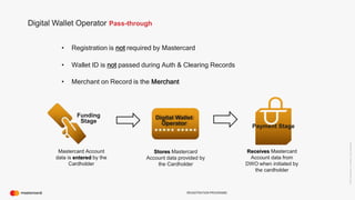 ©2016Mastercard.ProprietaryandConfidential.
REGISTRATION PROGRAMS
Digital Wallet Operator Pass-through
Funding
Stage
Digital Wallet
Operator Payment Stage
Stores Mastercard
Account data provided by
the Cardholder
Mastercard Account
data is entered by the
Cardholder
Receives Mastercard
Account data from
DWO when initiated by
the cardholder
• Registration is not required by Mastercard
• Wallet ID is not passed during Auth & Clearing Records
• Merchant on Record is the Merchant
 