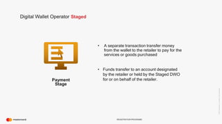 ©2016Mastercard.ProprietaryandConfidential.
REGISTRATION PROGRAMS
Digital Wallet Operator Staged
• A separate transaction transfer money
from the wallet to the retailer to pay for the
services or goods purchased
Payment
Stage
• Funds transfer to an account designated
by the retailer or held by the Staged DWO
for or on behalf of the retailer.
 