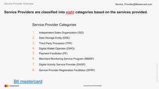 ©2016Mastercard.ProprietaryandConfidential.
REGISTRATION PROGRAMS
Service Providers are classified into eight categories based on the services provided.
Service Provider Categories
Service Provider Overview
1. Independent Sales Organization (ISO)
2. Data Storage Entity (DSE)
3. Third Party Processor (TPP)
4. Digital Wallet Operator (DWO)
8. Service Provider Registration Facilitator (SPRF)
5. Payment Facilitator (PF)
6. Merchant Monitoring Service Program (MMSP)
7. Digital Activity Service Provider (DASP)
Service_Provider@Mastercard.com
Btl mastercard
 