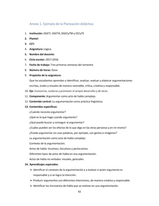 42
Anexo 1. Ejemplo de la Planeación didáctica
1. Institución: DGETI, DGETA, DGECyTM y CECyTE
2. Plantel:
3. CCT:
4. Asignatura: Lógica.
5. Nombre del docente:
6. Ciclo escolar: 2017-2018.
7. Fecha de trabajo: Tres primeras semanas del semestre.
8. Número de horas: Doce.
9. Propósito de la asignatura:
Que los estudiantes aprendan a identificar, analizar, evaluar y elaborar argumentaciones
escritas, orales y visuales de manera razonable, crítica, creativa y responsable.
10. Eje: Conocerse, cuidarse y promover el propio desarrollo y de otros.
11. Componente: Argumentar como acto de habla complejo.
12. Contenido central: La argumentación como práctica lingüística.
13. Contenidos específicos:
¿Cuándo necesito argumentar?
¿Qué es lo que hago cuando argumento?
¿Qué puedo buscar y conseguir al argumentar?
¿Cuáles pueden ser los efectos de lo que digo en las otras personas y en mí mismo?
¿Puedo argumentar sin usar palabras, por ejemplo, con gestos e imágenes?
La argumentación como acto de habla complejo.
Contexto de la argumentación.
Actos de habla: locutivos, ilocutivos y perlocutivos.
Diferentes tipos de actos de habla en una argumentación.
Actos de habla no verbales: visuales, gestuales.
14. Aprendizajes esperados:
 Identificar el contexto de la argumentación y a evaluar si quien argumenta es
responsable y si se logra la intención.
 Producir argumentos con diferentes intenciones, de manera creativa y responsable.
 Identificar los microactos de habla que se realizan en una argumentación.
 