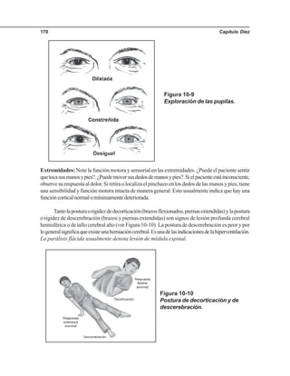 Capítulo Diez170
Extremidades: Note la función motora y sensorial en las extremidades. ¿Puede el paciente sentir
quetocasusmanosypies?.¿Puedemoversusdedosdemanosypies?.Sielpacienteestáinconsciente,
observe su respuesta al dolor. Si retira o localiza el pinchazo en los dedos de las manos y pies, tiene
una sensibilidad y función motora intacta de manera general. Esto usualmente indica que hay una
funcióncorticalnormalomínimamentedeteriorada.
Tantolaposturaorigidezdedecorticación(brazosflexionados,piernasextendidas)ylapostura
o rigidez de descerebración (brazos y piernas extendidas) son signos de lesión profunda cerebral
hemisférica o de tallo cerebral alto (ver Figura 10-10). La postura de descerebración es peor y por
logeneralsignificaqueexisteunaherniacióncerebral.Esunadelasindicacionesdelahiperventilación.
La parálisis flácida usualmente denota lesión de médula espinal.
Figura 10-9
Exploración de las pupilas.
Figura 10-10
Postura de decorticación y de
descerebración.
 
