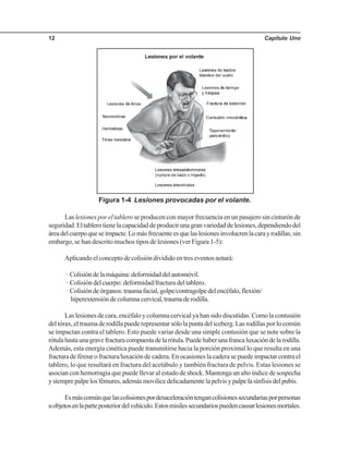 Capítulo Uno12
Figura 1-4 Lesiones provocadas por el volante.
Las lesiones por el tablero se producen con mayor frecuencia en un pasajero sin cinturón de
seguridad.Eltablerotienelacapacidaddeproducirunagranvariedaddelesiones,dependiendodel
áreadelcuerpoqueseimpacte.Lomásfrecuenteesquelaslesionesinvolucrenlacarayrodillas;sin
embargo, se han descrito muchos tipos de lesiones (ver Figura 1-5):
Aplicando el concepto de colisión dividido en tres eventos notará:
· Colisióndelamáquina:deformidaddelautomóvil.
· Colisión del cuerpo: deformidad/fractura del tablero.
· Colisióndeórganos:traumafacial,golpe/contragolpedelencéfalo,flexión/
hiperextensióndecolumnacervical,traumaderodilla.
Las lesiones de cara, encéfalo y columna cervical ya han sido discutidas. Como la contusión
deltórax,eltraumaderodillapuederepresentarsólolapuntadeliceberg.Lasrodillasporlocomún
se impactan contra el tablero. Esto puede variar desde una simple contusión que se note sobre la
rótulahastaunagravefracturacompuestadelarótula.Puedehaberunafrancaluxacióndelarodilla.
Además, esta energía cinética puede transmitirse hacia la porción proximal lo que resulta en una
fractura de fémur o fractura/luxación de cadera. En ocasiones la cadera se puede impactar contra el
tablero, lo que resultará en fractura del acetábulo y también fractura de pelvis. Estas lesiones se
asocian con hemorragia que puede llevar al estado de shock. Mantenga un alto índice de sospecha
ysiemprepalpelosfémures,ademásmovilicedelicadamentelapelvisypalpelasínfisisdelpubis.
Esmáscomúnquelascolisionespordesaceleracióntengancolisionessecundariasporpersonas
uobjetosenlaparteposteriordelvehículo.Estosmisilessecundariospuedencausarlesionesmortales.
 