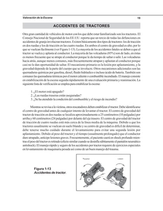Valoración de la Escena 19
ACCIDENTES DE TRACTORES
Otra gran cantidad de vehículos de motor con los que debe estar familiarizado son los tractores. El
Consejo Nacional de Seguridad de los EE.UU. reporta que un tercio de todas las defunciones en
accidentesdegranjainvolucrantractores.Existenbásicamentedostiposdetractores:losdetracción
en dos ruedas y los de tracción en las cuatro ruedas. En ambos el centro de gravedad es alto, por lo
que se vuelcan fácilmente (ver Figura 1-13). La mayoría de los accidentes fatales se deben a que el
tractor se vuelca y aplasta al conductor. La mayoría de las volcaduras (85%) son de lado, en éstas
es menos frecuente que se atrape al conductor porque le da tiempo de saltar o salir. Las volcaduras
hacia atrás, aunque menos comunes, más frecuentemente atrapan y aplastan al conductor porque
casi no le dan oportunidad de saltar. El mecanismo primario es la lesión por aplastamiento, y la
gravedad depende de la parte del cuerpo que se involucre. Otros mecanismos adicionales son las
quemadurasquímicasporgasolina,diesel,fluidohidráulicooinclusoácidodebatería.Tambiénson
comuneslasquemadurastérmicasporelmotorcalienteocombustibleincendiado.Elmanejoconsiste
en estabilización de la escena seguida rápidamente de una evaluación primaria y reanimación. La
siguientelistadeverificaciónseempleaparaestabilizarlaescena:
1. ¿El motor está apagado?
2. ¿Las ruedas traseras están aseguradas?
3. ¿Se ha atendido la condición del combustible y el riesgo de incendio?
Mientrasserevisaalavíctima,otrosrescatadoresdebenestabilizareltractor.Debeidentificarse
el centro de gravedad antes de cualquier intento de levantar el tractor. El centro de gravedad del
tractor de tracción en dos ruedas se localiza aproximadamente a 25 centímetros (10 pulgadas) por
arriba y 60 centímetros (24 pulgadas) por delante del eje trasero. El centro de gravedad del tractor
de tracción de cuatro ruedas está más cerca de la línea media de la máquina. Debido a que los
tractores usualmente se vuelcan en suelo blando y su centro de gravedad es difícil de determinar,
debe tenerse mucho cuidado durante el levantamiento para evitar una segunda lesión por
aplastamiento. Debido al peso del tractor y el tiempo (usualmente prolongado) que el conductor
dureatrapado,anticipelesionesgraves.Frecuentemente,elpacientecaeráenshockprofundomien-
traselpesodeltractoresretirado(efectosimilarcuandosedesinflasúbitamenteelpantalónneumático
antishock).Elmanejorápidoysegurodelosaccidentesportractorrequieredeejerciciosespeciales
en levantamiento de maquinaria pesada así como de un buen manejo del trauma.
Figura 1-13
Accidentes de tractor.
 