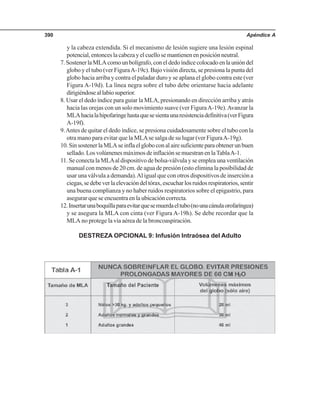 Apéndice A390
y la cabeza extendida. Si el mecanismo de lesión sugiere una lesión espinal
potencial,entonceslacabezayelcuellosemantienenenposiciónneutral.
7.SostenerlaMLAcomounbolígrafo,coneldedoíndicecolocadoenlaunióndel
globo y el tubo (ver FiguraA-19c). Bajo visión directa, se presiona la punta del
globo hacia arriba y contra el paladar duro y se aplana el globo contra este (ver
Figura A-19d). La línea negra sobre el tubo debe orientarse hacia adelante
dirigiéndoseallabiosuperior.
8. Usar el dedo índice para guiar la MLA, presionando en dirección arriba y atrás
hacia las orejas con un solo movimiento suave (ver FiguraA-19e).Avanzar la
MLAhacialahipofaringehastaquesesientaunaresistenciadefinitiva(verFigura
A-19f).
9.Antes de quitar el dedo índice, se presiona cuidadosamente sobre el tubo con la
otra mano para evitar que la MLAse salga de su lugar (ver FiguraA-19g).
10.SinsostenerlaMLAseinflaelgloboconalairesuficienteparaobtenerunbuen
sellado.LosvolúmenesmáximosdeinflaciónsemuestranenlaTablaA-1.
11. Se conecta la MLAal dispositivo de bolsa-válvula y se emplea una ventilación
manual con menos de 20 cm. de agua de presión (esto elimina la posibilidad de
usar una válvula a demanda).Al igual que con otros dispositivos de inserción a
ciegas,sedebeverlaelevacióndeltórax,escucharlosruidosrespiratorios,sentir
una buena complianza y no haber ruidos respiratorios sobre el epigastrio, para
asegurar que se encuentra en la ubicación correcta.
12.Insertarunaboquillaparaevitarquesemuerdaeltubo(nounacánulaorofaríngea)
y se asegura la MLA con cinta (ver Figura A-19h). Se debe recordar que la
MLA no protege la vía aérea de la broncoaspiración.
DESTREZA OPCIONAL 9: Infusión Intraósea del Adulto
 