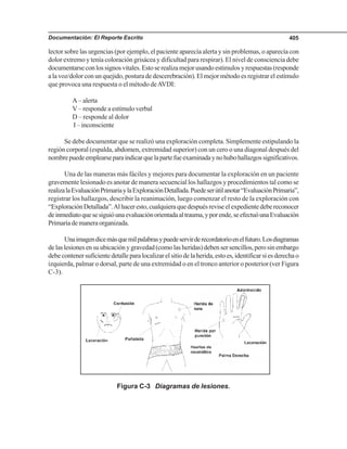 Documentación: El Reporte Escrito 405
lector sobre las urgencias (por ejemplo, el paciente aparecía alerta y sin problemas, o aparecía con
dolor extremo y tenía coloración grisácea y dificultad para respirar). El nivel de consciencia debe
documentarseconlossignosvitales.Estoserealizamejorusandoestímulosyrespuestas(responde
a la voz/dolor con un quejido, postura de descerebración). El mejor método es registrar el estímulo
que provoca una respuesta o el método deAVDI:
A – alerta
V – responde a estímulo verbal
D – responde al dolor
I – inconsciente
Se debe documentar que se realizó una exploración completa. Simplemente estipulando la
región corporal (espalda, abdomen, extremidad superior) con un cero o una diagonal después del
nombrepuedeemplearseparaindicarquelapartefueexaminadaynohubohallazgossignificativos.
Una de las maneras más fáciles y mejores para documentar la exploración en un paciente
gravemente lesionado es anotar de manera secuencial los hallazgos y procedimientos tal como se
realizalaEvaluaciónPrimariaylaExploraciónDetallada.Puedeserútilanotar“EvaluaciónPrimaria”,
registrar los hallazgos, describir la reanimación, luego comenzar el resto de la exploración con
“ExploraciónDetallada”.Alhaceresto,cualquieraquedespuésreviseelexpedientedebereconocer
deinmediatoquesesiguióunaevaluaciónorientadaaltrauma,yporende,seefectuóunaEvaluación
Primariademaneraorganizada.
Unaimagendicemásquemilpalabrasypuedeservirderecordatorioenelfuturo.Losdiagramas
delaslesionesensuubicaciónygravedad(comolasheridas)debensersencillos,perosinembargo
debecontenersuficientedetalleparalocalizarelsitiodelaherida,estoes,identificarsiesderechao
izquierda, palmar o dorsal, parte de una extremidad o en el tronco anterior o posterior (ver Figura
C-3).
Figura C-3 Diagramas de lesiones.
 