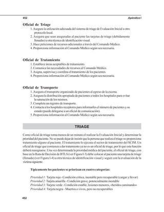Apéndice I452
452
Oficial de Triage
1.AseguralautilizaciónadecuadadelsistemadetriagedeEvaluaciónInicialuotro
protocolo local.
2. Asegura que sean aseguradas al paciente las tarjetas de triage (debidamente
llenadas)uotratécnicadeidentificaciónvisual.
3. Hace peticiones de recursos adicionales a través del Comando Médico.
4. Proporciona información al Comando Médico según sea necesaria.
Oficial de Tratamiento
1. Establece áreas aceptables de tratamiento.
2. Comunica las necesidades de recursos al Comando Médico.
3.Asigna, supervisa y coordina el tratamiento de los pacientes.
4. Proporciona información al Comando Médico según sea necesaria.
Oficial de Transporte
1.Asegura el transporte organizado de pacientes al egreso de la escena.
2.Asegura la distribución apropiada de pacientes a todos los hospitales para evitar
lasaturacióndelosmismos.
3. Completa un registro de transporte.
4.Contactaaloshospitalesreceptoresparainformarleselnúmerodepacientesysu
estado (puede delegarse a un oficial de comunicación).
5. Proporciona información al Comando Médico según sea necesaria.
TRIAGE
Como oficial de triage toma menos de un minuto el realizar la Evaluación Inicial y determinar la
prioridaddelpaciente.Nosepuededejardeinsistirquelapersonaquerealizaeltriagenoproporciona
tratamiento alguno al paciente. El tratamiento lo ejecuta el sector de tratamiento del SCIM. Un
oficialdetriagequecomienzaadartratamientoyanoesunoficialdetriage,porloqueestafunción
deberá reasignarse. Una vez determinada la prioridad médica del paciente, el oficial de triage, con
base en la Ruta de Decisión de BTLS (ver Figura I-3) debe colocar al paciente una tarjeta de triage
(llenada) (ver Figura I-4) u otra técnica de identificación visual y seguir con la evaluación de la
víctimasiguiente.
Típicamente los pacientes se priorizan en cuatro categorías:
Prioridad 1: Tarjeta roja - Condición crítica, inestable pero recuperable (cargar y llevar)
Prioridad 2:Tarjeta amarilla - Condición grave, potencialmente inestable
Prioridad 3: Tarjeta verde - Condición estable, lesiones menores, «heridos caminando»
Prioridad 4: Tarjeta negra - Muertos o vivos, pero no recuperables
 