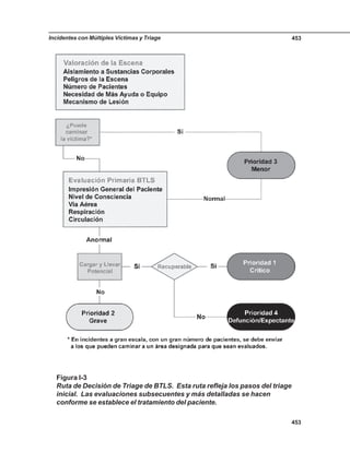 Incidentes con Múltiples Víctimas y Triage 453
453
Figura I-3
Ruta de Decisión de Triage de BTLS. Esta ruta refleja los pasos del triage
inicial. Las evaluaciones subsecuentes y más detalladas se hacen
conforme se establece el tratamiento del paciente.
 