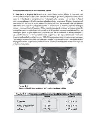 Evaluación y Manejo Inicial del Paciente de Trauma 37
Evaluación de la Respiración: Vea, escuche y sienta el movimiento del aire. Si el paciente está
inconsciente, coloque su oreja sobre la boca el paciente para que pueda juzgar tanto la frecuencia
como la profundidad de las ventilaciones (volumen tidal o corriente - ver Capítulo 4). Vea el
movimiento del tórax (o del abdomen), escuche el sonido del movimiento del aire y sienta, tanto el
movimientodelairesobresumejillacomoelmovimientodeltóraxconunamano.Notesielpaciente
utiliza músculos accesorios para poder respirar. Si la ventilación es inadecuada (menos de 10 por
minutoomuysuperficial),elRescatador2debeiniciardeinmediatolaasistenciaventilatoria,utilizando
sus rodillas para restringir el movimiento del cuello del paciente y de esta manera tener libres las
manosparaaplicaroxígenooparaasistirlasventilacionesconundispositivodeBVM(verFigura2-
3). Cuando se asista o se provea ventilaciones asegúrese de que el paciente no sólo reciba una
frecuenciaadecuadadeventilaciones(verTabla2-2)sinoquetambiénrecibaunvolumenadecuado.
Todoslospacientesquerespiranconrapidezdebenrecibiroxígenosuplementarioaflujoalto.Como
regla general, todos los pacientes con trauma multi-sistémico también deben recibir altos flujos de
oxígenosuplementario.
Figura 2-3
Restricción de movimientos del cuello con las rodillas.
 