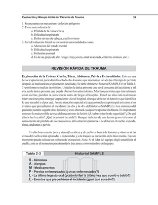 Evaluación y Manejo Inicial del Paciente de Trauma 39
1. Se encuentra un mecanismo de lesión peligroso
2.Tiene antecedentes de:
a. Pérdida de la consciencia
b.Dificultadrespiratoria
c. Dolor severo de cabeza, cuello o torso
3.EnlaEvaluaciónInicialseencuentrananormalidadescomo:
a.Alteración del estado mental
b.Dificultadrespiratoria
c.Perfusiónanormal
d. Es de un grupo de alto riesgo (muy joven, edad avanzada, enfermo crónico, etc.)
REVISIÓN RÁPIDA DE TRAUMA
Exploración de la Cabeza, Cuello, Tórax, Abdomen, Pelvis y Extremidades: Esta es una
breve exploración para identificar todas las lesiones que amenazan la vida (si el tiempo lo permite
despuésserealizaráunaexploracióndetallada).SedebeobtenerelhistorialSAMPLE(verTabla2-
3) conforme se realiza la revisión. Usted es la única persona que verá la escena del accidente y tal
vez sea la única persona que pueda obtener los antecedentes. Muchos pacientes que inicialmente
están alertas, pierden la consciencia antes de llegar al hospital. Usted no sólo está realizando
intervencionesparaentregarunpacientevivoalhospital,sinoquedebesereldetectivequeidentifica
lo que sucedió y el por qué. Preste atención especial a la queja o molestia principal así como a los
eventos que precedieron el incidente (la «S» y la «E» del historial SAMPLE). Los síntomas del
paciente pueden sugerir otras lesiones y esto afectará cualquier exploración futura. Es importante
conocer lo más posible acerca del mecanismo de lesión (¿Usaba cinturón de seguridad? ¿De qué
altura fue la caída? ¿Qué ocasionó la caída?). Busque indicios de una lesión grave tal como el
antecedente de pérdida de la consciencia, dificultad respiratoria o de dolor en el cuello, espalda,
tórax, abdomen o pelvis.
Evalúe brevemente (vea y sienta) la cabeza y el cuello en busca de lesiones y observe si las
venasdelcuelloestánaplanadasodistendidasysilatráqueaseencuentraenlalíneamedia.Eneste
momento puede colocar un collarín de extracción. Nota: Si el líder del equipo eligió estabilizar el
cuello, este es el momento para transferir ésta tarea a otro miembro del equipo.
 