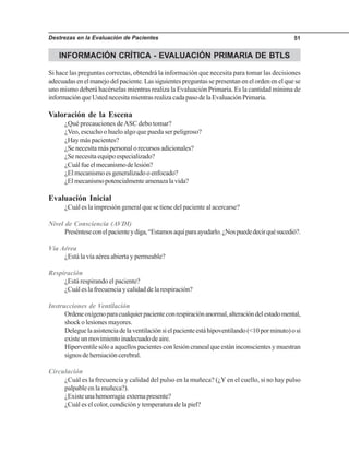 Destrezas en la Evaluación de Pacientes 51
INFORMACIÓN CRÍTICA - EVALUACIÓN PRIMARIA DE BTLS
Si hace las preguntas correctas, obtendrá la información que necesita para tomar las decisiones
adecuadas en el manejo del paciente. Las siguientes preguntas se presentan en el orden en el que se
uno mismo deberá hacérselas mientras realiza la Evaluación Primaria. Es la cantidad mínima de
informaciónqueUstednecesitamientrasrealizacadapasodelaEvaluaciónPrimaria.
Valoración de la Escena
¿Qué precauciones deASC debo tomar?
¿Veo, escucho o huelo algo que pueda ser peligroso?
¿Hay más pacientes?
¿Se necesita más personal o recursos adicionales?
¿Se necesita equipo especializado?
¿Cuálfueelmecanismodelesión?
¿Elmecanismoesgeneralizadooenfocado?
¿Elmecanismopotencialmenteamenazalavida?
Evaluación Inicial
¿Cuál es la impresión general que se tiene del paciente al acercarse?
Nivel de Consciencia (AVDI)
Presénteseconelpacienteydiga,“Estamosaquíparaayudarlo.¿Nospuededecirquésucedió?.
Vía Aérea
¿Está la vía aérea abierta y permeable?
Respiración
¿Está respirando el paciente?
¿Cuál es la frecuencia y calidad de la respiración?
Instrucciones de Ventilación
Ordeneoxígenoparacualquierpacienteconrespiraciónanormal,alteracióndelestadomental,
shock o lesiones mayores.
Deleguelaasistenciadelaventilaciónsielpacienteestáhipoventilando(<10porminuto)osi
existeunmovimientoinadecuadodeaire.
Hiperventilesóloaaquellospacientesconlesióncranealqueestáninconscientesymuestran
signosdeherniacióncerebral.
Circulación
¿Cuál es la frecuencia y calidad del pulso en la muñeca? (¿Y en el cuello, si no hay pulso
palpableenlamuñeca?).
¿Existeunahemorragiaexternapresente?
¿Cuál es el color, condición y temperatura de la piel?
 