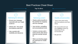 Top To Do’s
Best Practices Cheat Sheet
• Ensure your message
resonates with your target
audience
• Always ask, “why would
the audience read this?
• Use a sender with
credibility and relevance
Optimizing for relevance
1
• Clearly outline benefits to
the member for engaging
with this message
• Use concise, compelling
and conversational intros
• Include a concise call to
action and be clear about
what the member should
do
• Make sure landing pages
are optimized for mobile
traffic
Optimizing content
2
• Test to see what works
with the audience and then
refine
• Be resourceful and use
your existing content by
reworking it to be
conversational
• Be genuine
3
Amplify and personalize
 