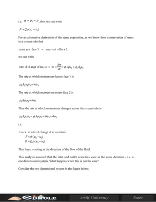 i.e. , then we can write
For an alternative derivation of the same expression, as we know from conservation of mass
in a stream tube that
we can write
The rate at which momentum leaves face 1 is
The rate at which momentum enters face 2 is
Thus the rate at which momentum changes across the stream tube is
i.e.
This force is acting in the direction of the flow of the fluid.
This analysis assumed that the inlet and outlet velocities were in the same direction - i.e. a
one dimensional system. What happens when this is not the case?
Consider the two dimensional system in the figure below:
 