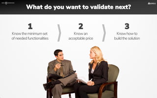 1
Knowtheminimumset
ofneededfunctionalities
2
Knowan
acceptableprice
3
Knowhowto
buildthesolution
What do you want to validate next?
 